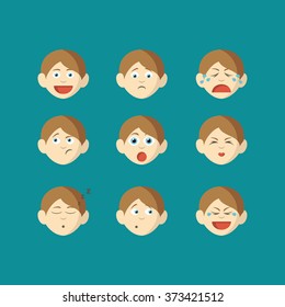 Set flat vector illustration of nine different emotions. The boy's face, brunette. Vector 10 EPS.