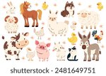 Set of flat vector illustration on white background. Domestic farm animals. Cow pig lamb sheep sheep horse dog dog cat goose goose duck hen rooster goat