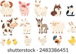 Set of flat vector illustration on white background. Domestic farm animals. Cow pig lamb sheep sheep horse dog dog cat goose goose duck hen rooster goat