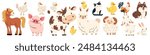 Set of flat vector illustration on white background. Domestic farm animals. Cow pig lamb sheep sheep horse dog cat goose duck hen rooster goat