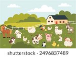 Set of flat vector illustration on white background. Domestic farm animals. Cow pig lamb sheep sheep horse dog cat goose duck hen rooster goat. Farm landscape 