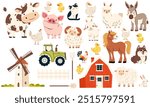 Set of flat vector illustration on white background. A collection of farm pets and buildings. Mill farm farm tractor fork shovel shovel fence. Cow pig lamb sheep sheep horse dog dog cat goose goose du