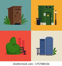 Set of flat vector illustration on toilets including wood outhouse, plastic portable toilet and a city public toilet