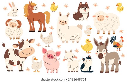 Set of flat vector illustration on white background. Domestic farm animals. Cow pig lamb sheep sheep horse dog dog cat goose goose duck hen rooster goat