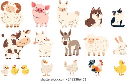 Set of flat vector illustration on white background. Domestic farm animals. Cow pig lamb sheep sheep horse dog dog cat goose goose duck hen rooster goat