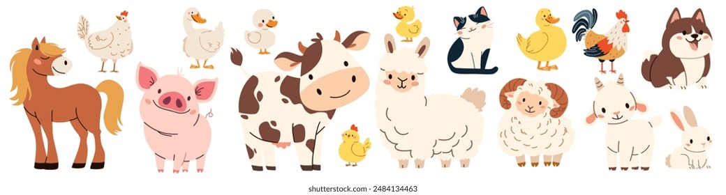 Conjunto de Ilustración vectorial plana sobre fondo blanco. Animales domésticos de granja. Caca cerdo cordero oveja oveja caballo perro gato ganso pato gallina gallo cabra