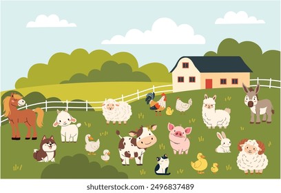 Satz einer flachen Vektorgrafik auf weißem Hintergrund. Haustiere. Kuh Schwein Lamm Schaf Schaf Hund Katze Gans Ente Hahn Ziege. Landschaft 