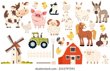 Set of flat vector illustration on white background. A collection of farm pets and buildings. Mill farm farm tractor fork shovel shovel fence. Cow pig lamb sheep sheep horse dog dog cat goose goose du