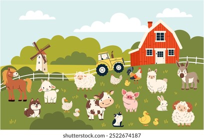 Conjunto de ilustração vetorial plana sobre fundo branco. Animais domésticos de criação. Vaca porco cordeiro ovelha ovelha cavalo cão gato ganso pato galo galo cabra. Paisagem agrícola 