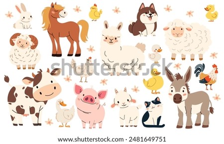 Set of flat vector illustration on white background. Domestic farm animals. Cow pig lamb sheep sheep horse dog dog cat goose goose duck hen rooster goat