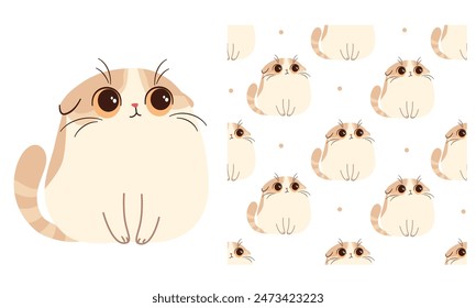 Set of flat vector illustration for printing on children's products. Cute lop-eared kitty with big eyes. Seamless vector pattern 