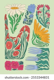 Set of Flat Vector Illustration showing Isolated Abstract Flowers. Floral characters include bright petals, vibrant leaves, hand-drawn style. Decorative composition on light green background.