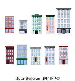 Set of flat vector illustration of walk-up residential apartment buildings, houses, stores, cafe, restaurants. Isolated on white background.