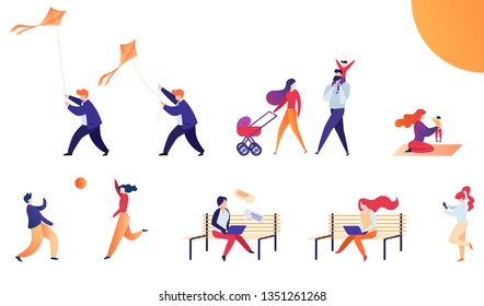 Set Flat Vector Illustration Weekend Outdoors. Man Wearing Casual Clothes Starts Kite, Family with Child Walks Stroller Along Street. Bright Sun Shines on Young Mother who Sits Rug with Child.