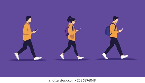 Set flat vector illustration of Young Professional Walking While Looking at a Smartphone