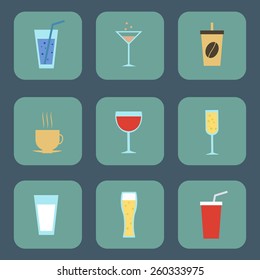 Set flat vector illustrations of alcoholic and non-alcoholic drinks.