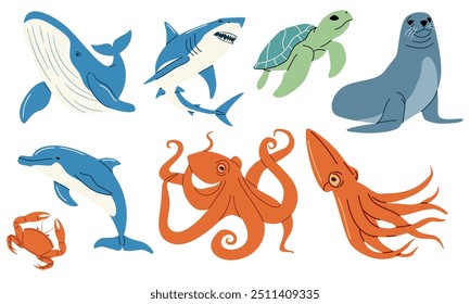 Set of flat vector illustrations. Animals of the sea, whale dolphin crab squid octopus seals turtle shark. 