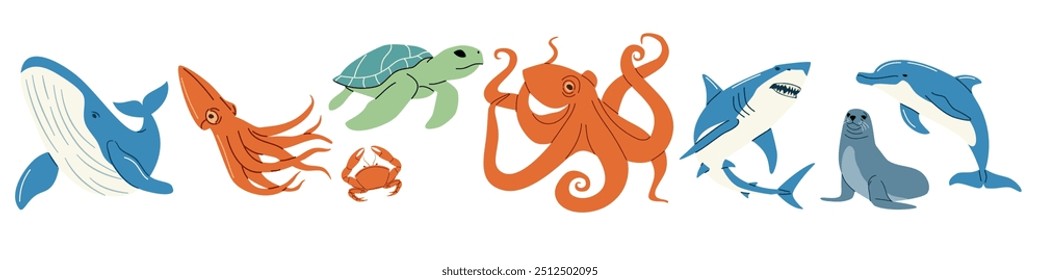 Set of flat vector illustrations. Animals of the sea, whale dolphin crab squid octopus seals turtle shark. 