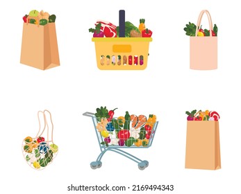 Set of flat vector illustrations for bags and baskets. Buying groceries, paper bags, turtle food bags. Natural food, organic fruits and vegetables. Department store goods