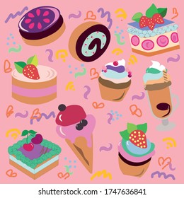 Set of flat vector illustrations for baking holiday, birthday and ice cream cakes