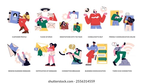 A set of flat vector illustrations with business people. Promising people online, managers and consultants, problem solving, spam, lack of communication, messages