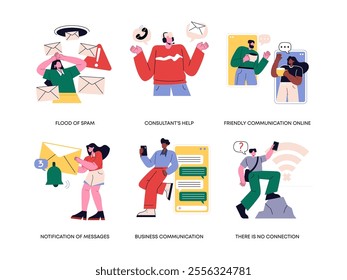 A set of flat vector illustrations with business people. Promising people online, managers and consultants, problem solving, spam, lack of communication, messages.