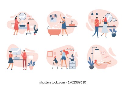 Set of flat vector illustrations with cartoon people characters doing various everyday hygiene rituals in bathroom and in living room at home