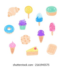 Set of flat vector illustrations. Cartoon sweet desserts. Isolated on a white background. Design template for kids education, entertainment, print