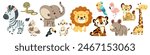 Set of flat vector illustrations in children's style of savannah animals. Cute rhinoceros lemur lion flamingo toucan vulture vulture snake zebra parrot tiger giraffe leopard cheetah 
