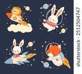 Set of flat vector illustrations in children's style on space theme. Cute rabbit, lion and fox in space on space rocket in spacesuit, stars and planets