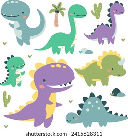 Conjunto de ilustraciones vectoriales planas al estilo de los niños. Dinosaurios bonitos, palmeras y cactus. 