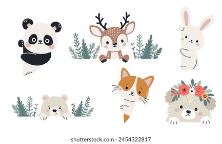 Set von flachen Vektorillustrationen im Kinderstil. Nette Tiere, die hinter Bannern hervorgucken, Platz für Ihren Text. Bärenhund Hase Hase Hirsch Katze Panda