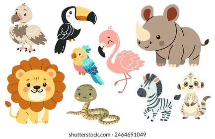 Set von flachen Vektorillustrationen im Kinderstil von Savannentieren. Netter Nashorn-Lemur-Löwe-Flamingo-Tukan-Geier Schlange Zebrapapagei . Vektorillustration