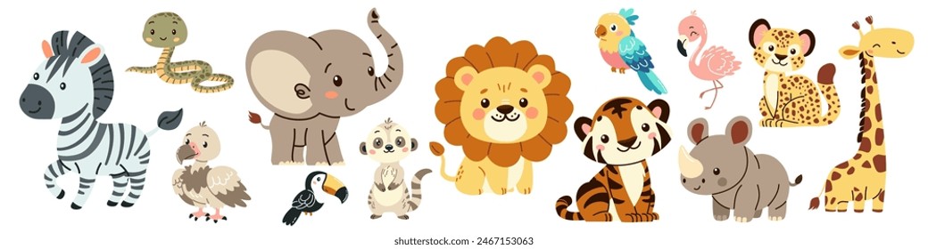 Set of flat vector illustrations in children's style of savannah animals. Cute rhinoceros lemur lion flamingo toucan vulture vulture snake zebra parrot tiger giraffe leopard cheetah 