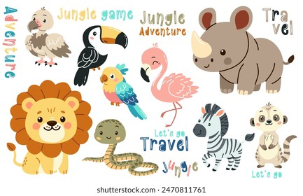 Set of flat vector illustrations in children's style of savannah animals. Cute rhinoceros lemur lion flamingo toucan vulture vulture snake zebra parrot tiger giraffe leopard cheetah  lettering