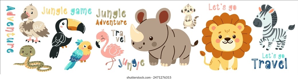 Set of flat vector illustrations in children's style of savannah animals. Cute rhinoceros lemur lion flamingo toucan vulture vulture snake zebra parrot tiger giraffe leopard cheetah lettering