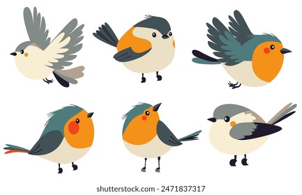 Un conjunto de Ilustraciones vectoriales planas en estilo infantil. Lindos pájaros sentados y volando 