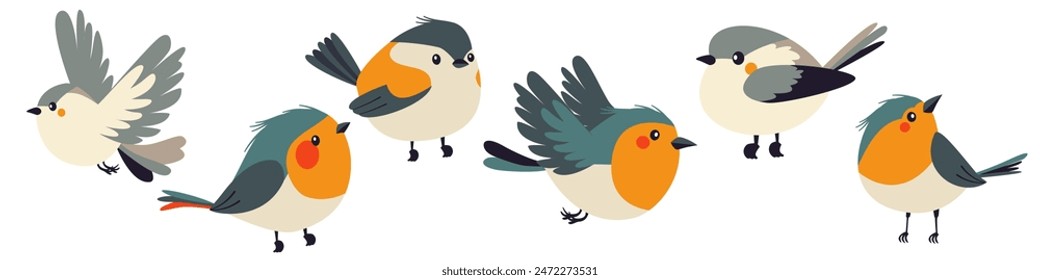 A set of flat vector illustrations in children's style. Cute birds sitting and flying 