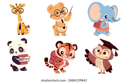 Set of flat vector illustrations in children's style on white background on the theme of learning and school. Bear giraffe tiger cub elephant owl and panda with textbooks and school bags