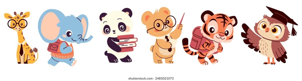 Set of flat vector illustrations in children's style on white background on the theme of learning and school. Bear giraffe tiger cub elephant owl and panda with textbooks and school bags