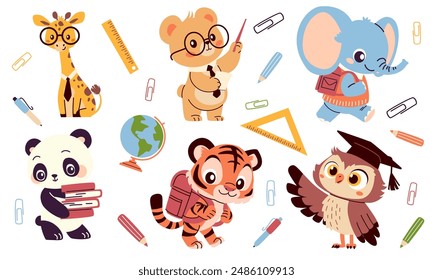 Conjunto de Ilustraciones vectoriales planas en estilo infantil sobre fondo blanco sobre el tema de aprendizaje y escuela. Oso jirafa cachorro de tigre elefante búho y panda con libros de texto y bolsos de escuela globo