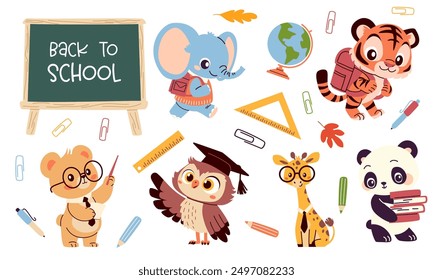 Set of flat vector illustrations in children's style on white background on the theme of learning and school. Bear giraffe tiger cub elephant owl and panda with textbooks and school bags globe ruler 