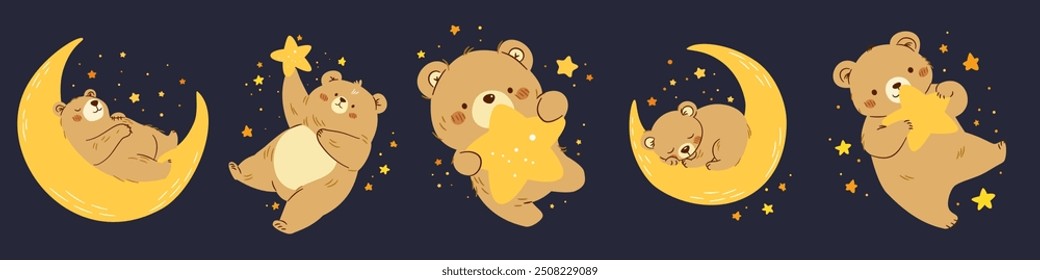 Set of flat vector illustrations in children's style. Cute bears sleeping on the moon and flying in space. Space and stars.