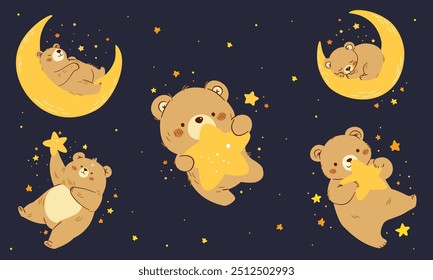 Conjunto de Ilustraciones vectoriales planas en estilo infantil. Lindos osos durmiendo en la luna y volando en el espacio. Espacio y estrellas