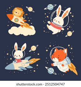 Set of flat vector illustrations in children's style on space theme. Cute rabbit, lion and fox in space on space rocket in spacesuit, stars and planets