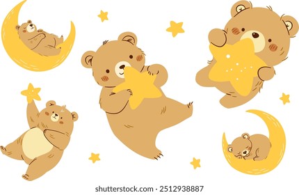 Set of flat vector illustrations in children's style. Cute bears sleeping on the moon and flying in space