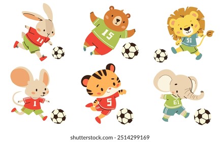 Set of flat vector illustrations in children's style. Cute animals in uniform playing soccer. Lion elephant elephant tiger hare mouse and bear
