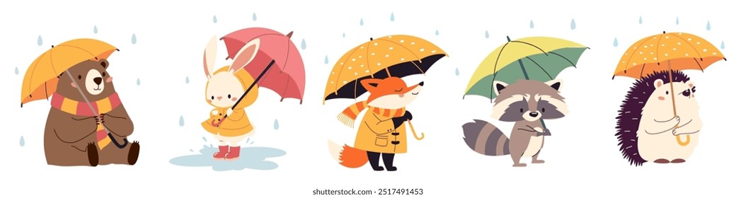 Conjunto de ilustrações vetoriais planas no estilo infantil. Animais bonitos em capas de chuva e com guarda-chuvas. Lebre guaxinim de urso de raposa de ouriço na chuva