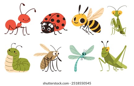 A set of flat vector illustrations in children's style. Cute mosquito caterpillar wasp ladybug mantis dragonfly grasshopper grasshopper ant