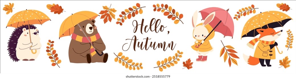 Set of flat vector illustrations in children's style. Cute animals in raincoats and with umbrellas. Hedgehog fox bear hare in the rain. Lettering hello fall, fall leaves